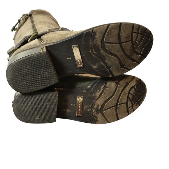 VERY VOLITILE Tan Suede Knee High Boots Womens 7 Side Zip Straps - Picture 13 of 14